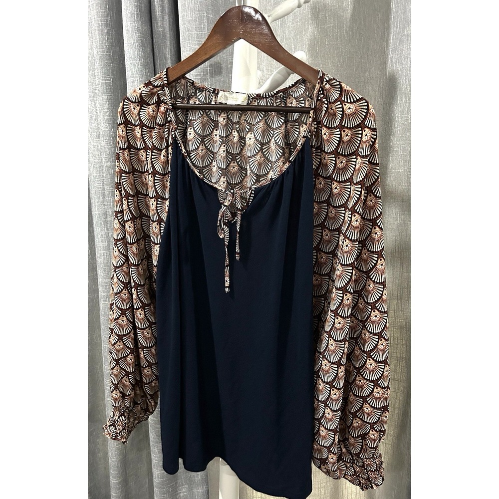 Suzanne Betro Weekend Boho Hippie Blouse Women Top Plus 2X Rust Navy Long Sleeve